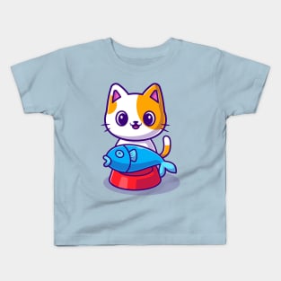 Cute Cat With Fish on Food Bowl Cartoon Kids T-Shirt